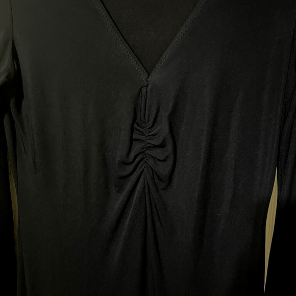 Witchy Midi Dress Black Ruched V Neck Goth Minimalist Asymmetric Sleeve SZ 10 - Picture 3 of 11